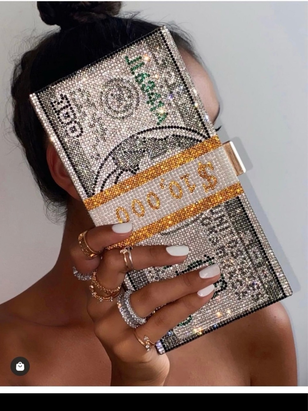 Crystal Embellished Money-Print Clutch - Silver & Gold